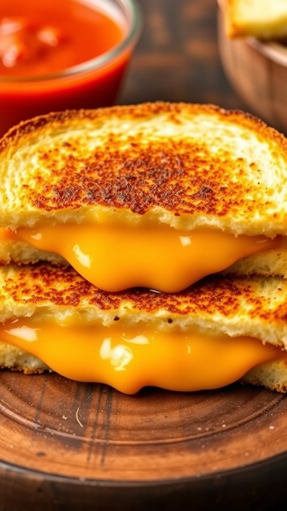 Crispy grilled cheese sandwich cut in half, showcasing melted cheese, on a wooden table with tomato soup.